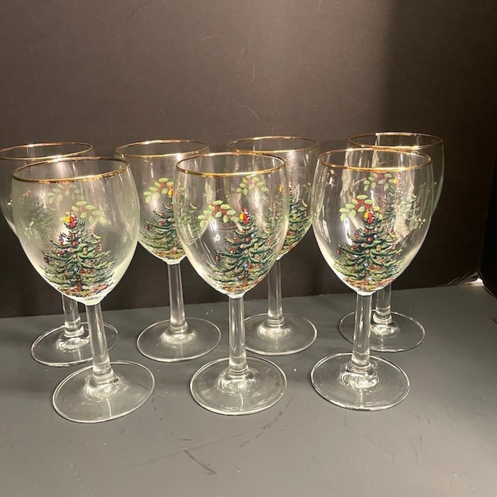 Vintage Spode Christmas Tree 12 oz Stemmed Wine Glasses Gold Rim Set of 7